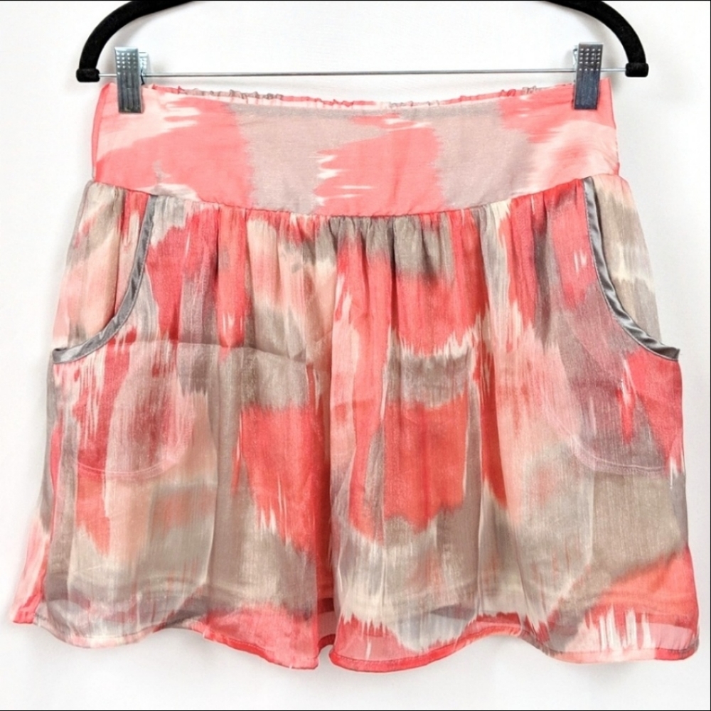 Charlotte Russe Chiffon Skater Skirt Watercolor Print Gauzy Orange Taupe Small